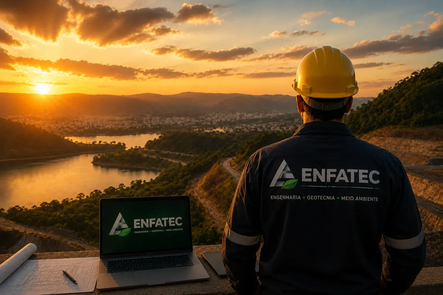 Engenheiro em obra ao entardecer