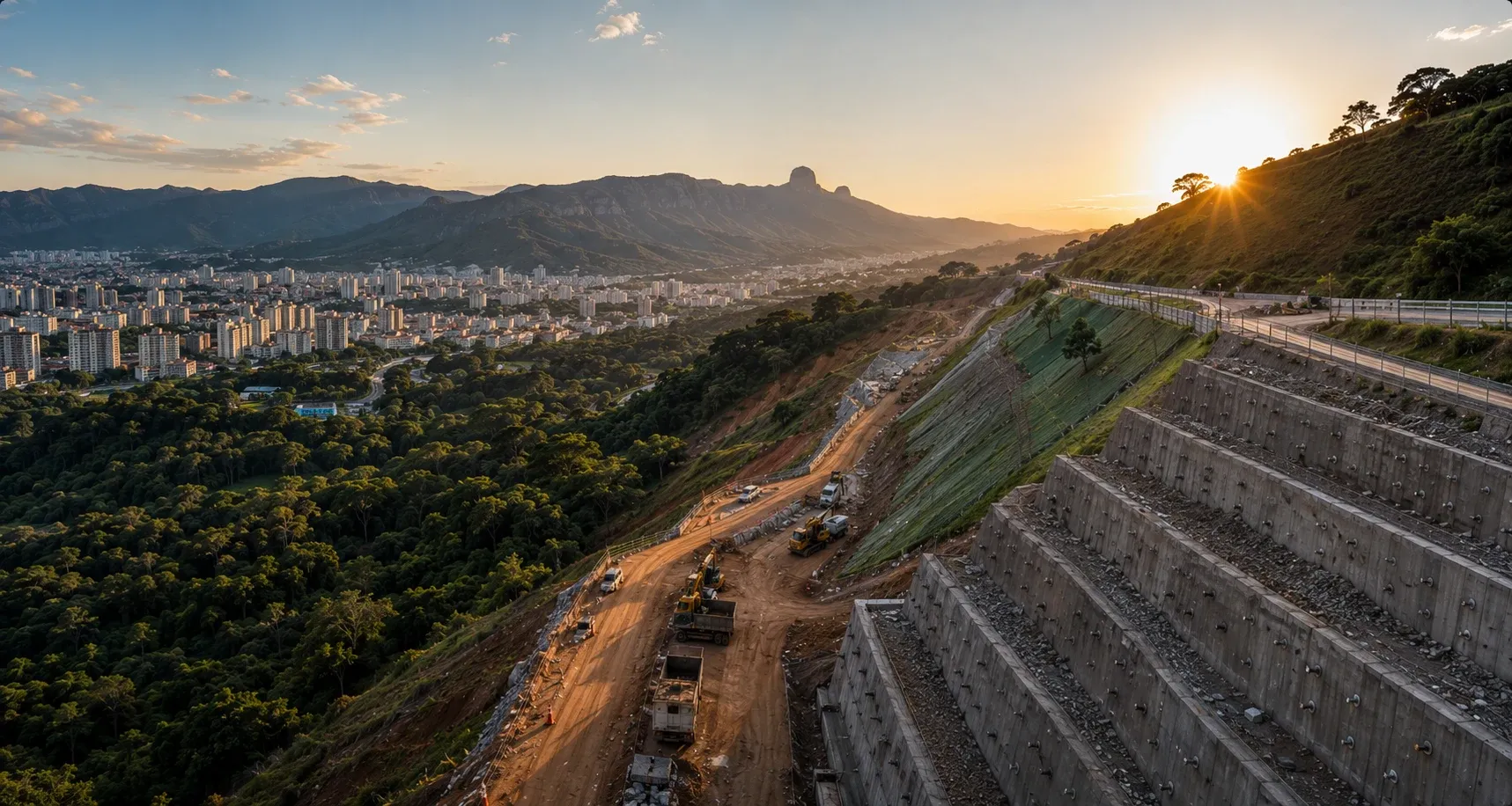 Obra de contenção e estabilização de talude ao entardecer