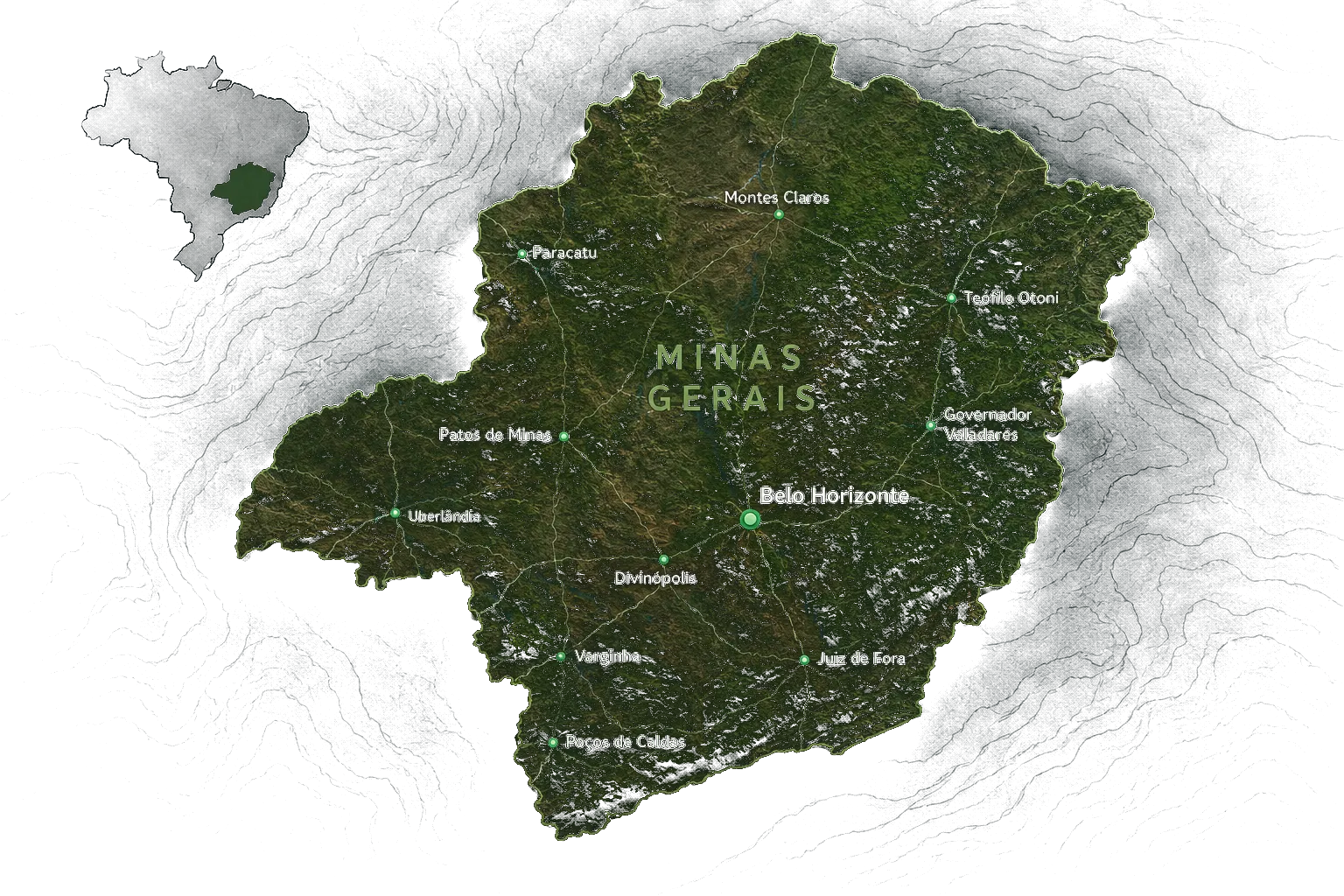 Mapa de Minas Gerais com a região de atendimento da Enfatec